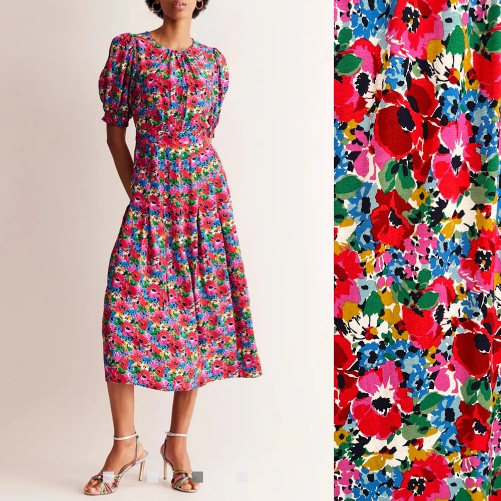 Boden Pink Red Blue Liv Pleat Detail Midi Dress Jersey Stretch High Neck Size 6